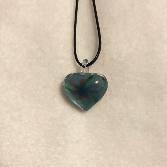 Glass Heart Necklace Pendant Blue Orange Blown Glass Art - Picture 2 of 3
